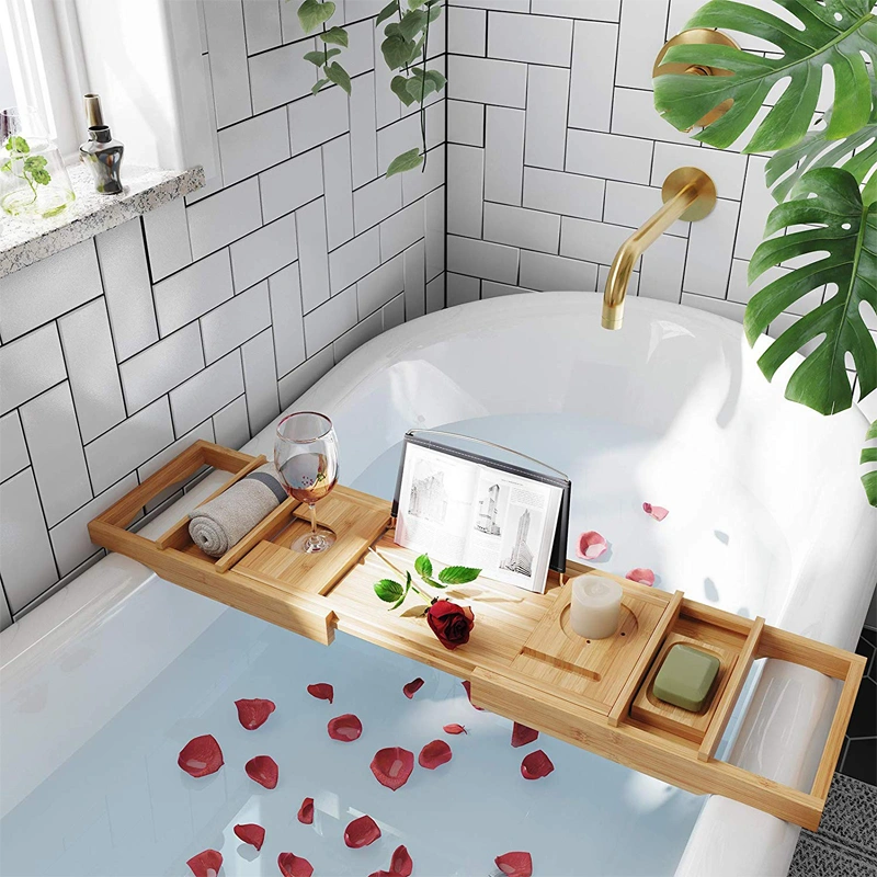 Luxury Extendable Bathtub Caddy Tray Tub Shelf for Reading with Wine Holder