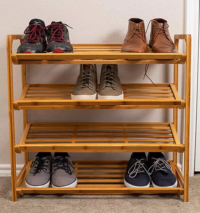 4 Tier Bamboo Shoe Rack Shelf Natural Durable Eco- Friendly Organizer Fits 9-12 Shoes