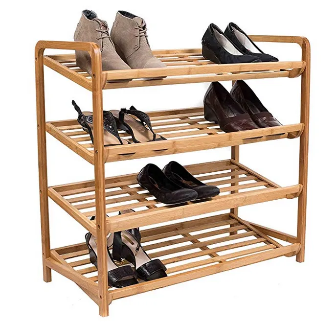 4 Tier Bamboo Shoe Rack Shelf Natural Durable Eco- Friendly Organizer Fits 9-12 Shoes