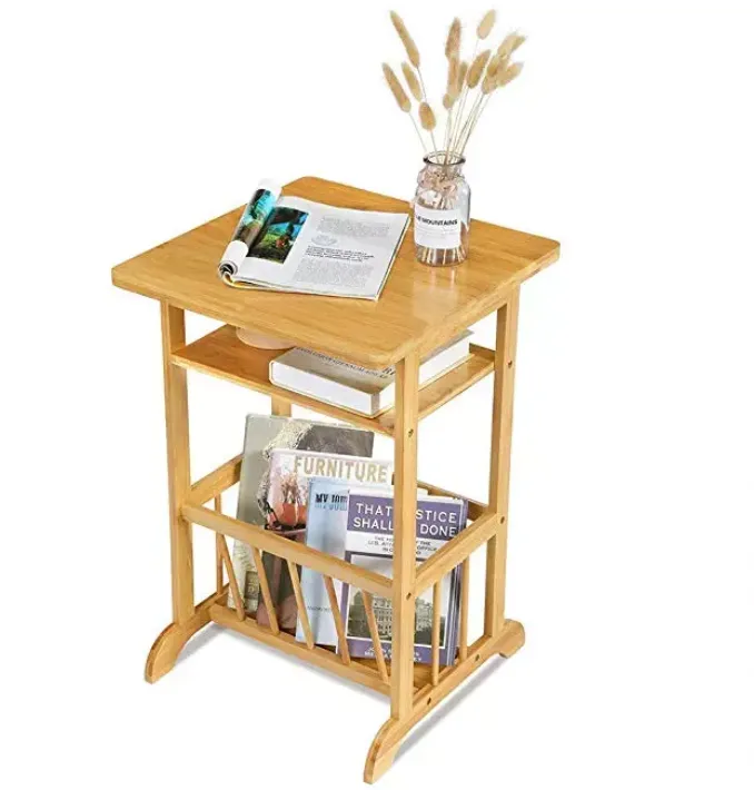 Bamboo Beside Table Nightstand with Storage Basket End Table Sofa Side Coffee Tea Table