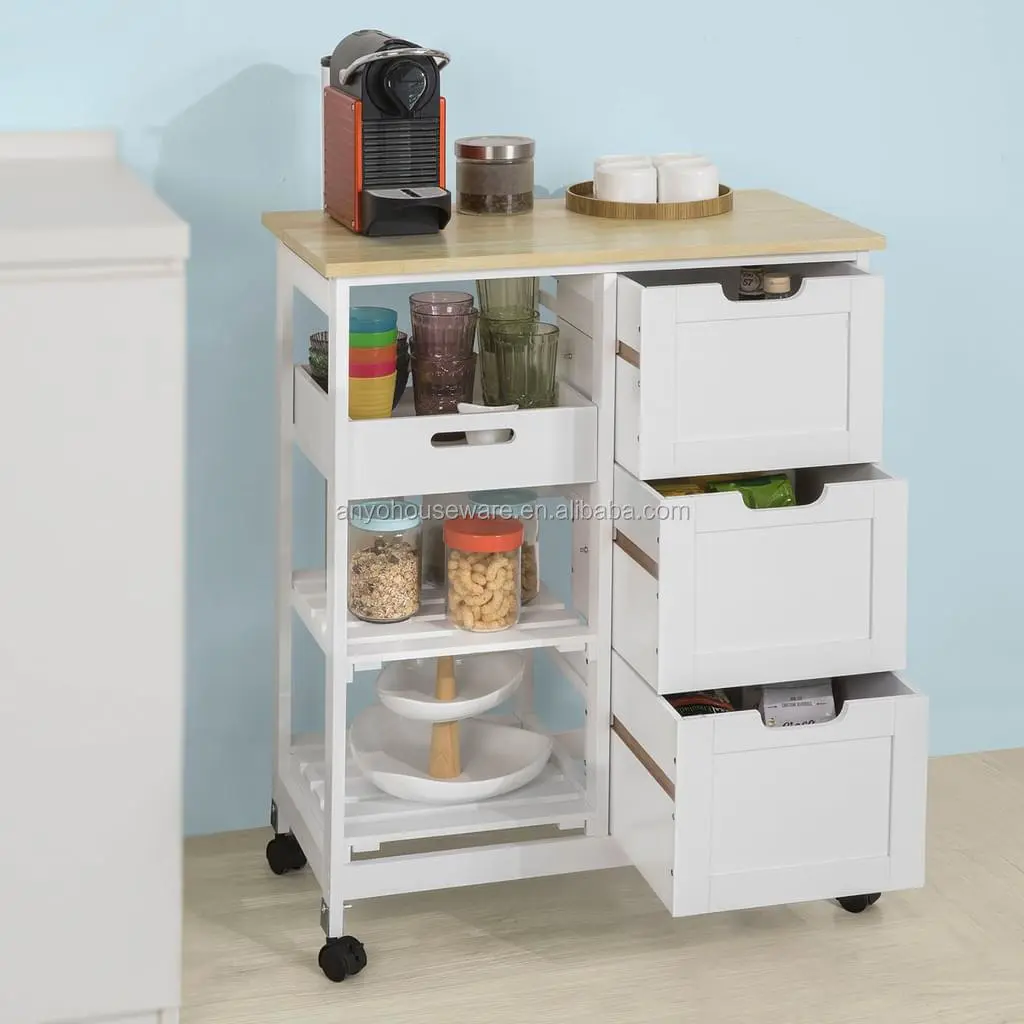 White new modern storage rolling wooden kitchen trolleys carts with rubber wood top and wheels