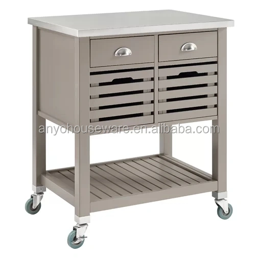 Stainless Wood Top Vegetable Movable Kitchen Island Trolley Cart Furniture with drawer