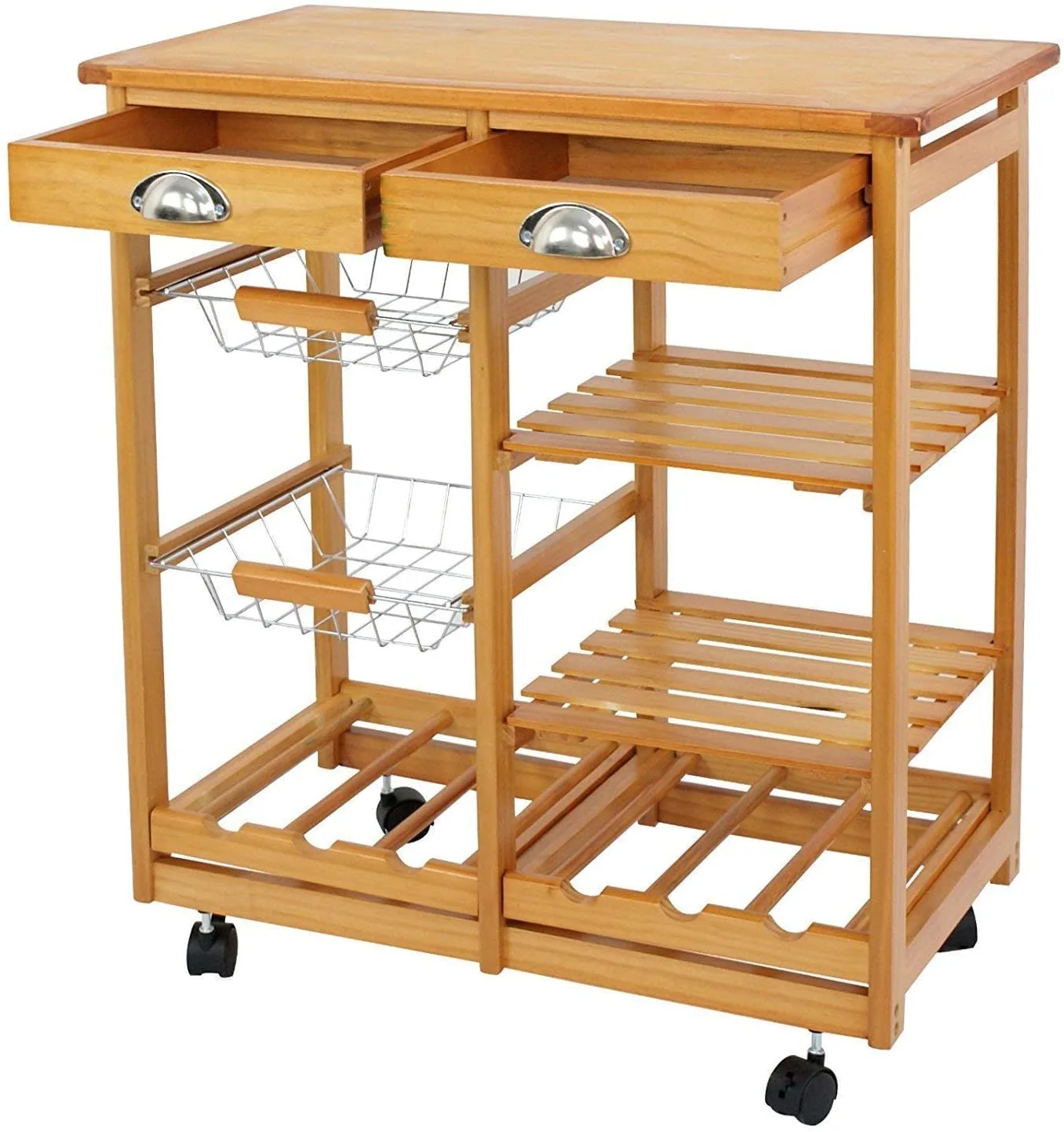 Rolling Dining Storage Drawers Stand Bamboo Kitchen Trolley Cart