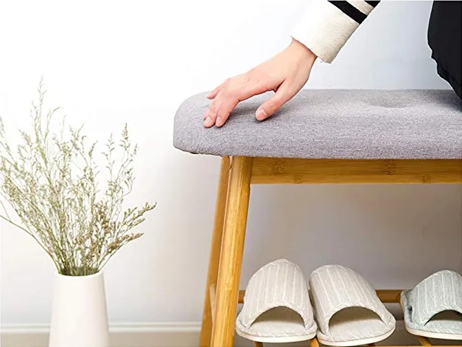 Bamboo Shoe Bench Storage with Cushion Upholstered Padded Seat Storage Shelf Bench