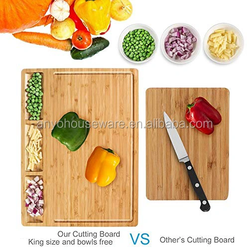 Multifunctional Food Storage Bamboo Cutting Board With 3 Compartments and Grooves