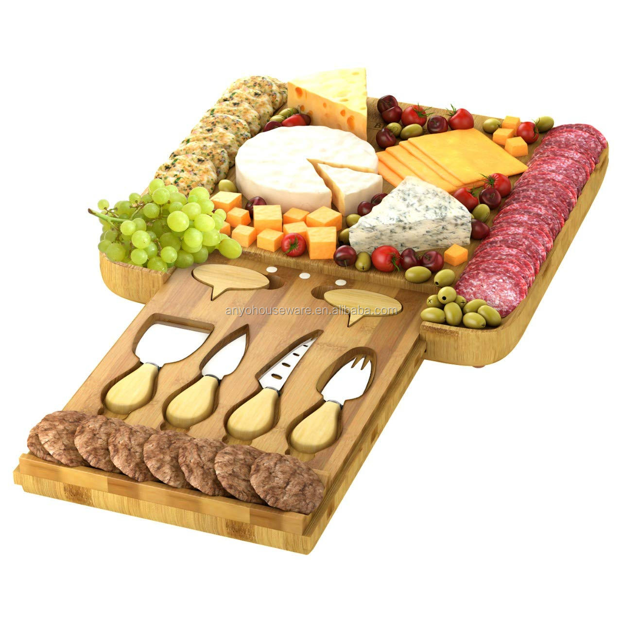 Muti-functional Excellent Eco-Friendly Large Cheese Bamboo Ceramic Cutting Board Set with 4 Knives & Cheese Markers