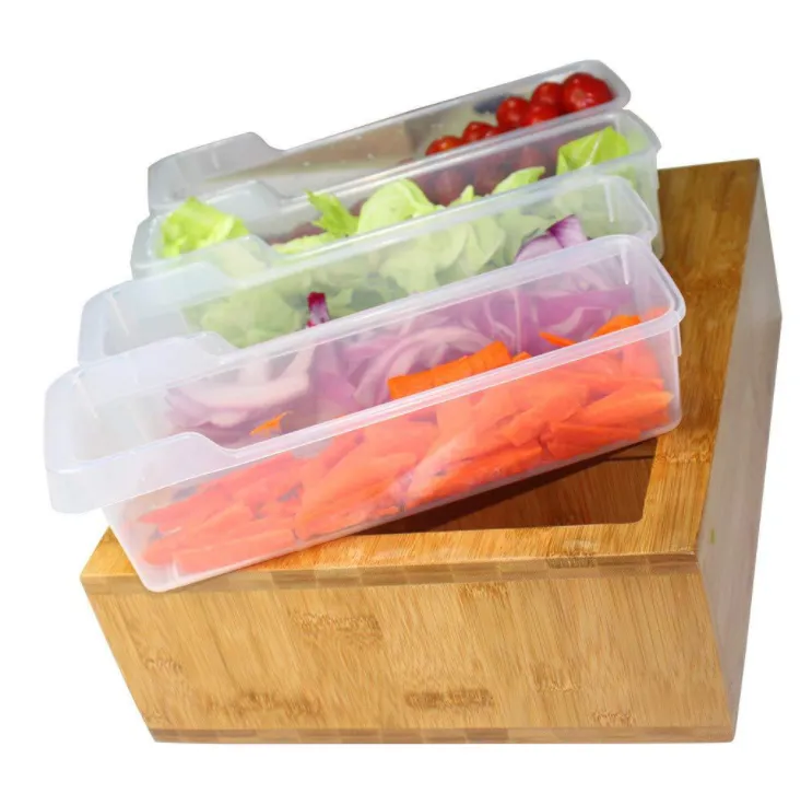 Large bamboo cutting board with plastic food storage containers