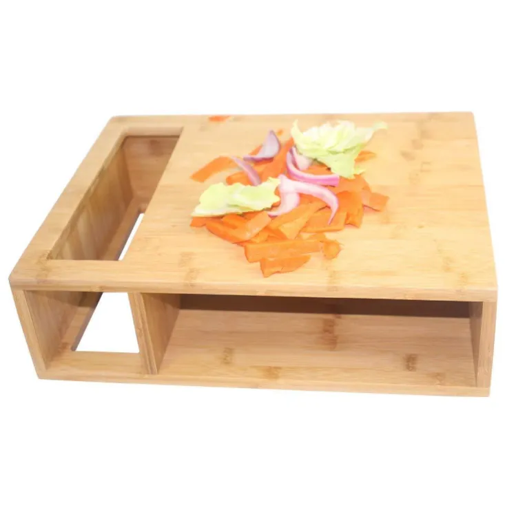 Large bamboo cutting board with plastic food storage containers