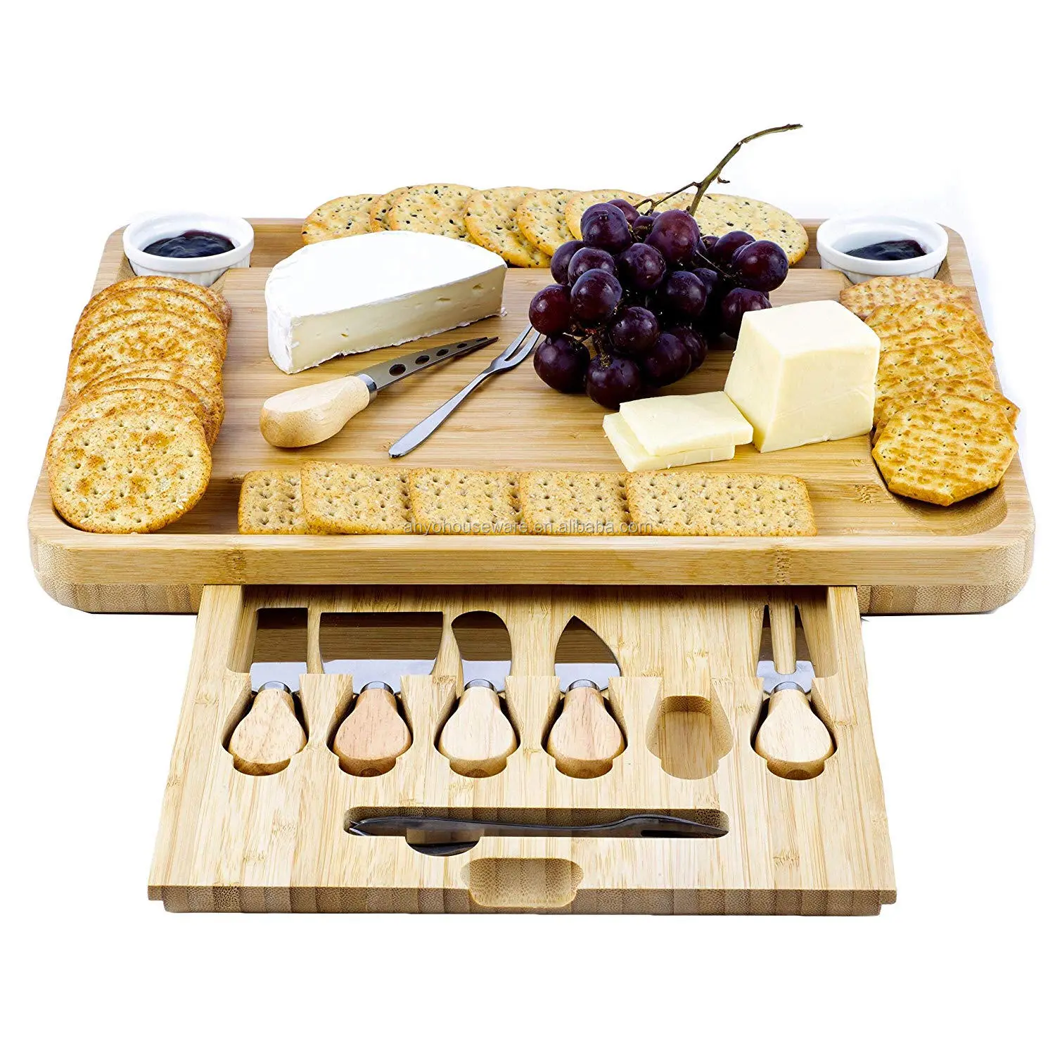 Hot Sale Excellent Natural Cheese Bamboo Cutting Board Utensils And Knife Set With 6 Knives and 4 Forks
