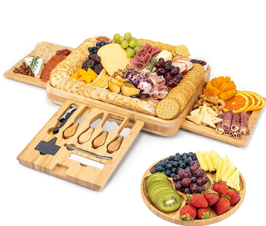 Bamboo Cheese cutting Board With Drawers Serving Platter Cutlery Server Knife Set and Fruit Tray
