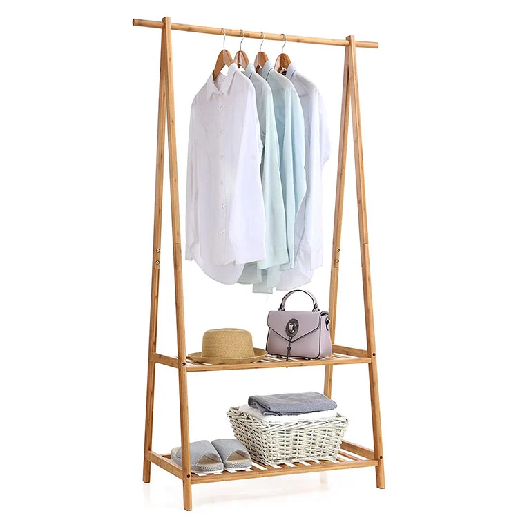 Coat Clothes Hanging Rack with Top Shelf and 2-tier Shoe Clothing Storage Bamboo Garment Rack