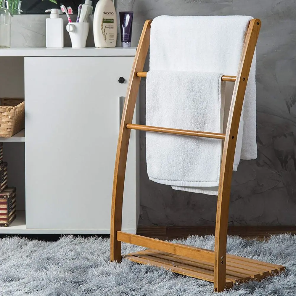 New design Bamboo Free Standing Arc-shaped Rack Towel Rack Bathroom Shelf