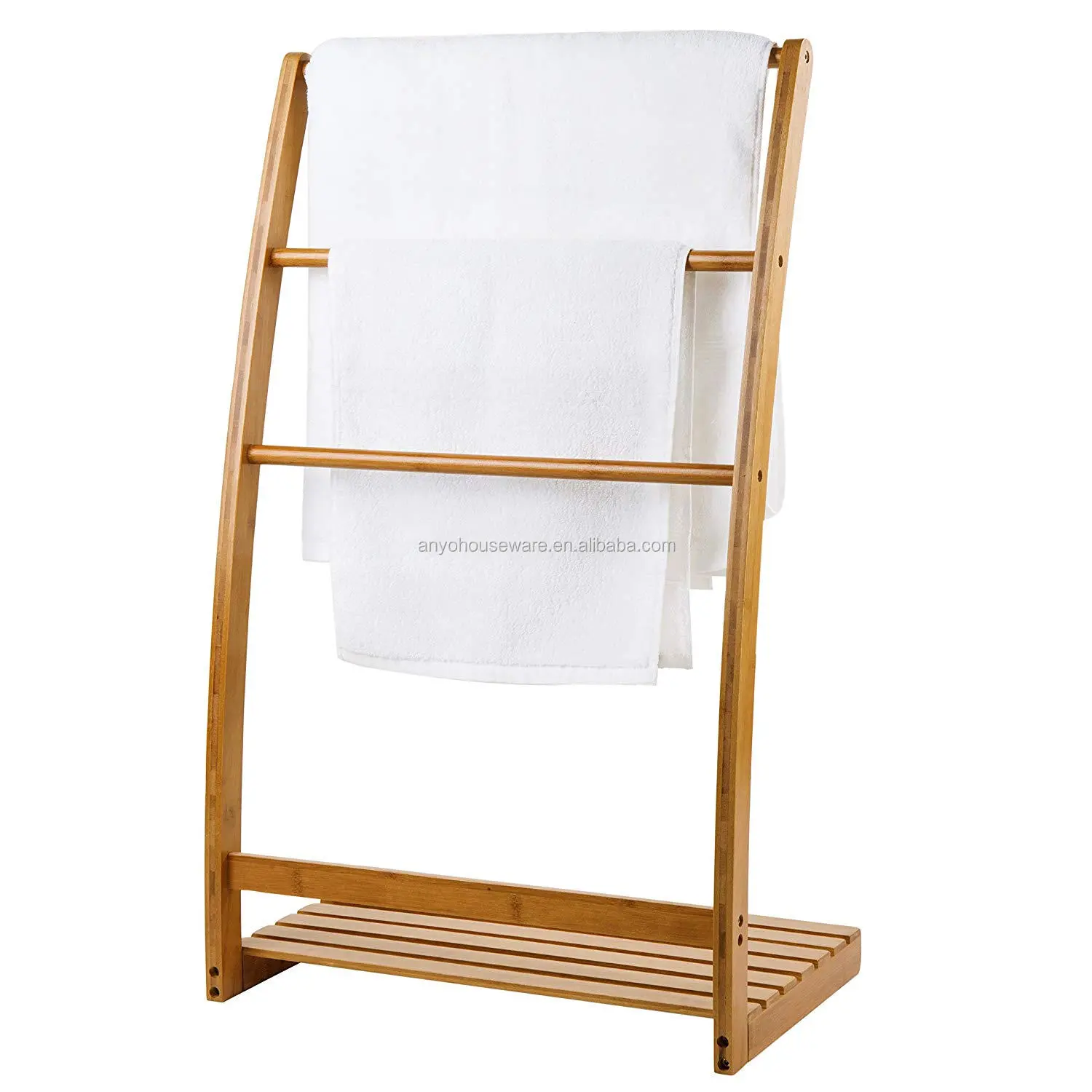 New design Bamboo Free Standing Arc-shaped Rack Towel Rack Bathroom Shelf