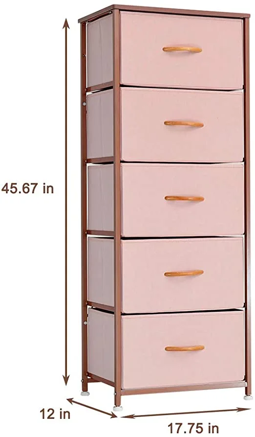 Vertical Dresser Storage Tower, 5 Fabric Drawer Organizer Unit for Bedroom, Living Room, Closet, Rose Gold
