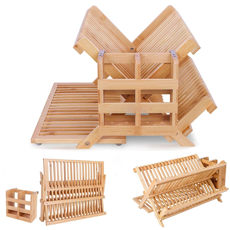 Wholesale Bamboo Foldable 2 Tier Plate Drying Dish Rack with Utensils Flatware Holder for Kitchen
