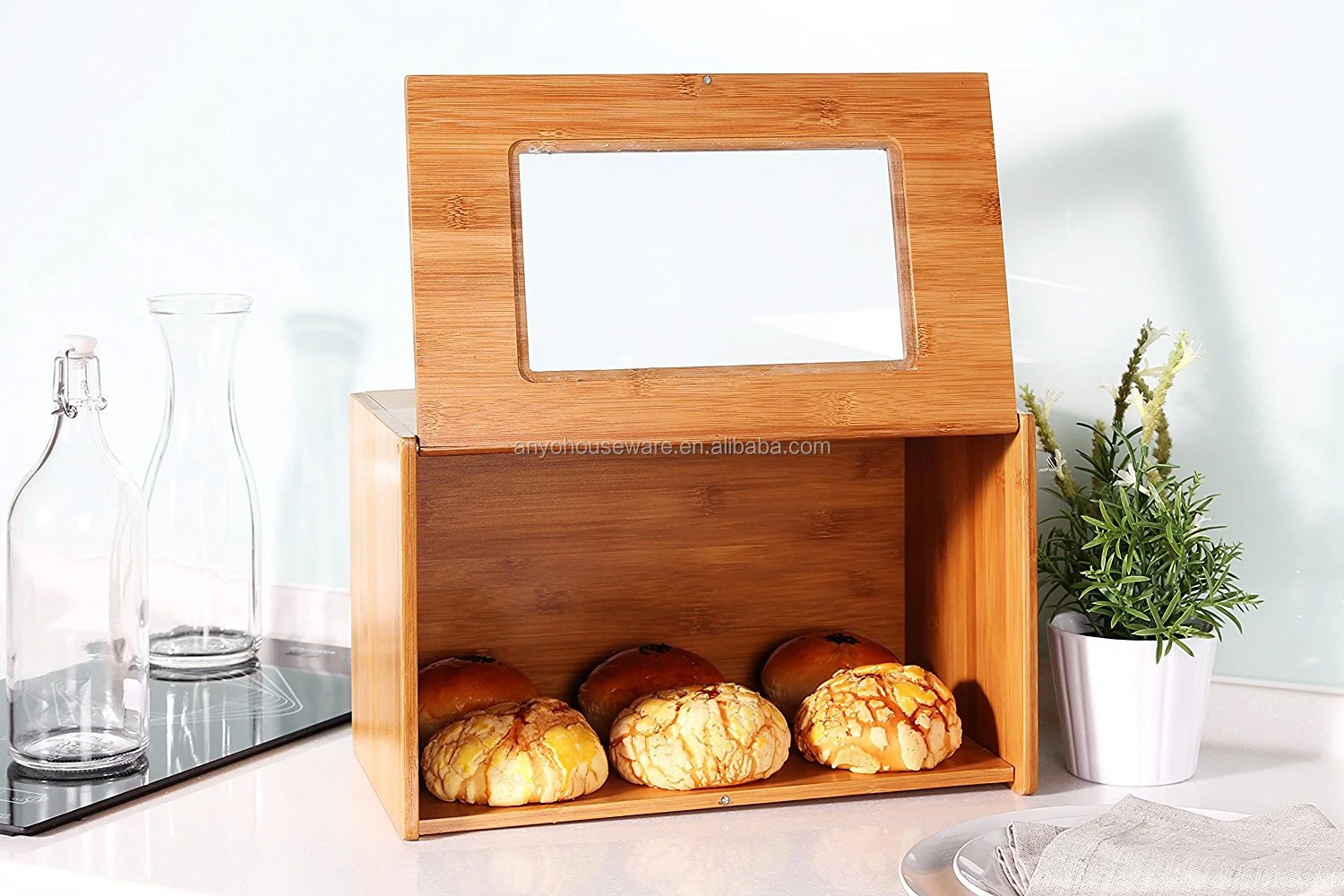 Home Bamboo Bread Box with Tempered Glass Window for Kitchen