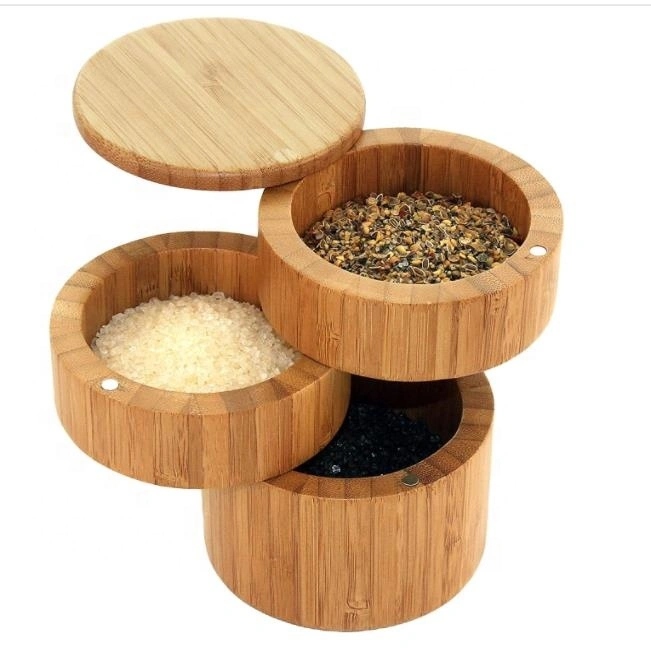 Totally Bamboo Triple Salt Box Three Tier Bamboo Storage Box with Magnetic Swivel Lids