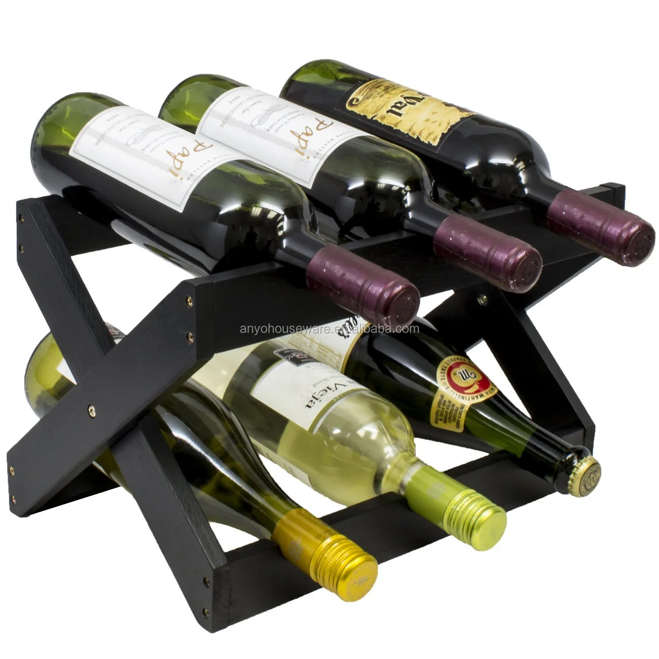 Factory Foldable Bamboo Wine Rack 6-bottles Table Stand for Home