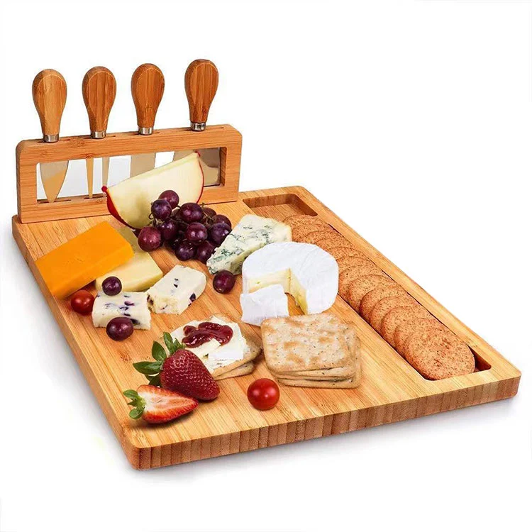 Modern Bamboo wood Cheese Board Set with 4 Stainless Steel Cheese Knives, Ideal for Wedding Gifts Christmas Birthday Party
