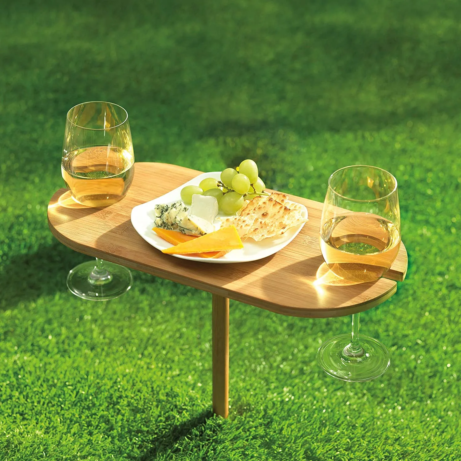 Outdoor Bamboo Wine Holder Picnic Table With Ground Stake for Outdoor Entertaining