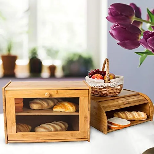 Bamboo Bread Box Double Layer Rolltop Bread Bin for Kitchen Countertop