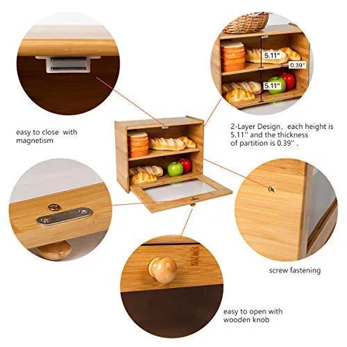 Bamboo Bread Box Double Layer Rolltop Bread Bin for Kitchen Countertop