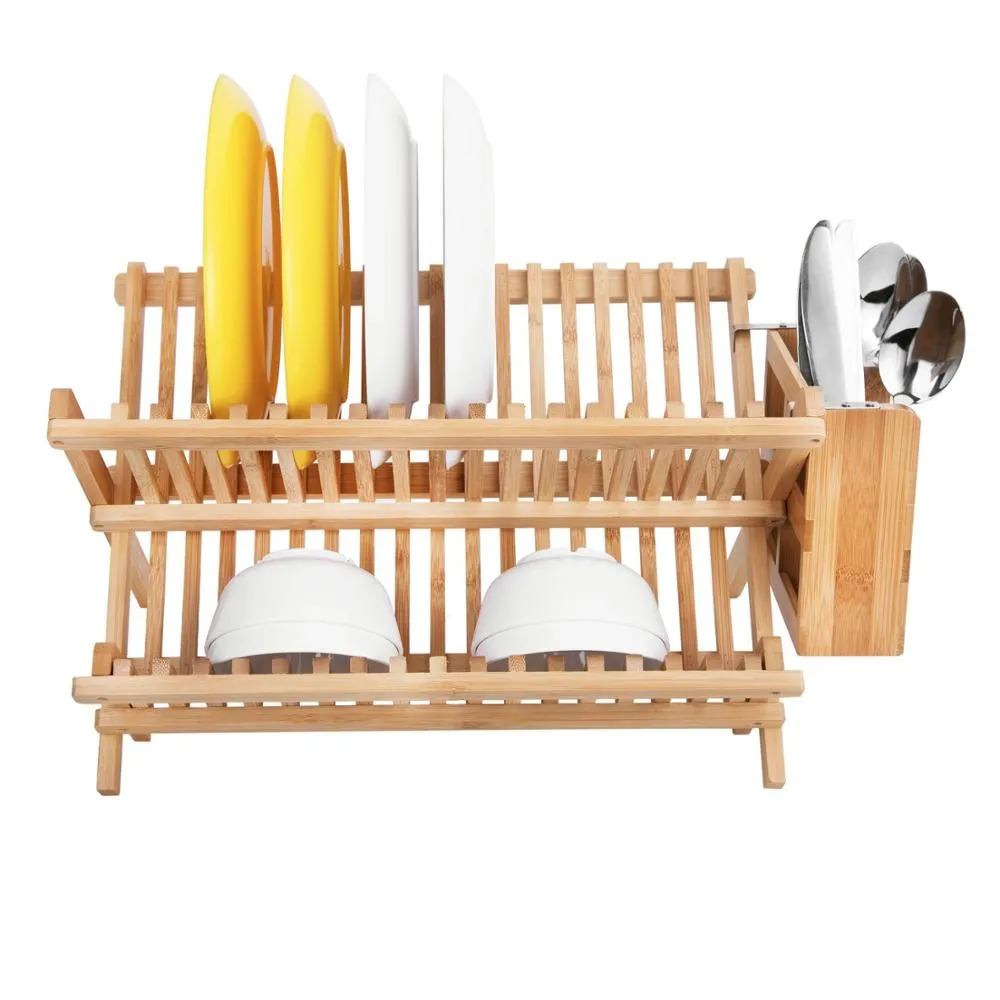 Bamboo Collapsible Dish Drying Rack 2-Tier Kitchen Plate Rack for Utensil Flatwares