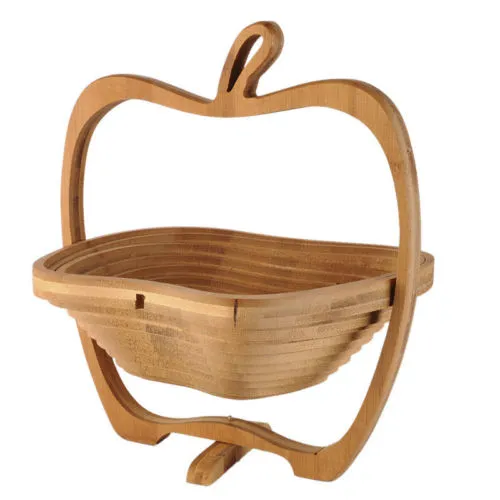 Bamboo Folding Fruit Basket Collapsible Wooden Bread Cutting Board and Holding Basket