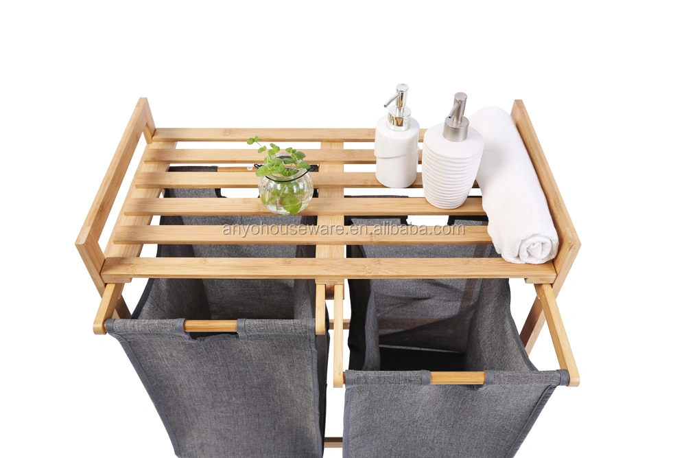 Factory Bamboo Sliding 2 baskets Storage Laundry Basket shelf In Home Furniture