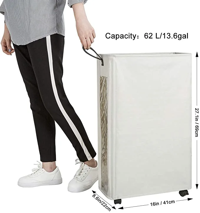 Slim Laundry Hamper Large Tall Laundry Basket on Wheels Clear Window Visible Dirty Clothes Hamper
