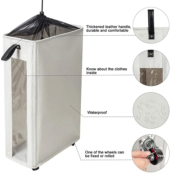 Slim Laundry Hamper Large Tall Laundry Basket on Wheels Clear Window Visible Dirty Clothes Hamper