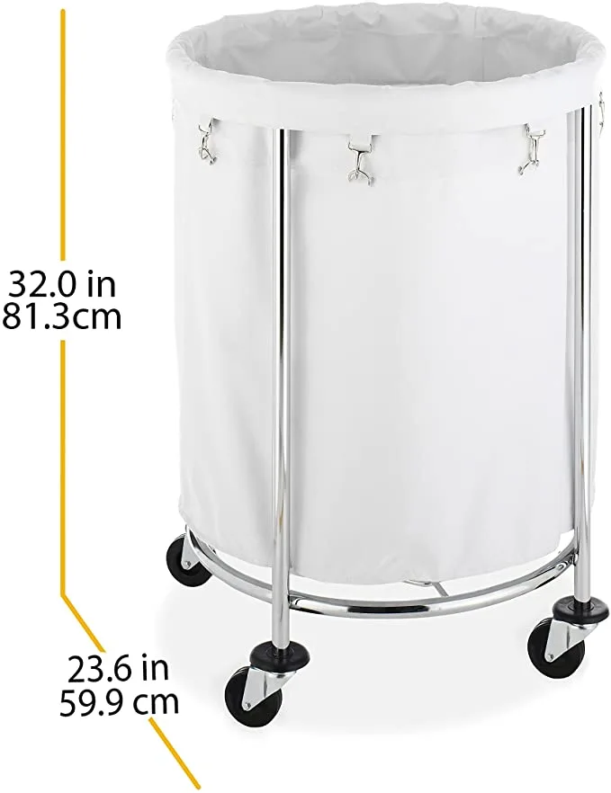 Removable Liner and Heavy Duty Wheels-Chrome Laundry Hamper Silver and White