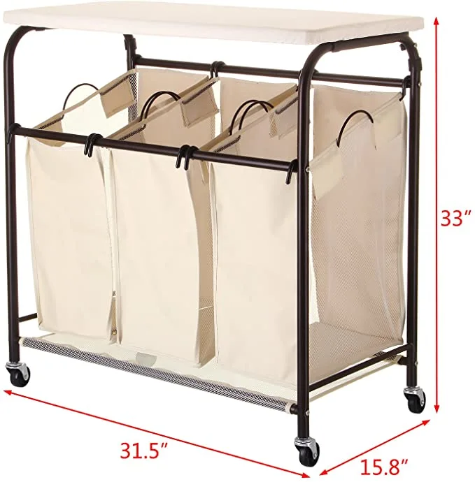 Classic Rolling Laundry Sorter Cart Heavy Duty 3 Bags Laundry Hamper Sorter with Ironing Board