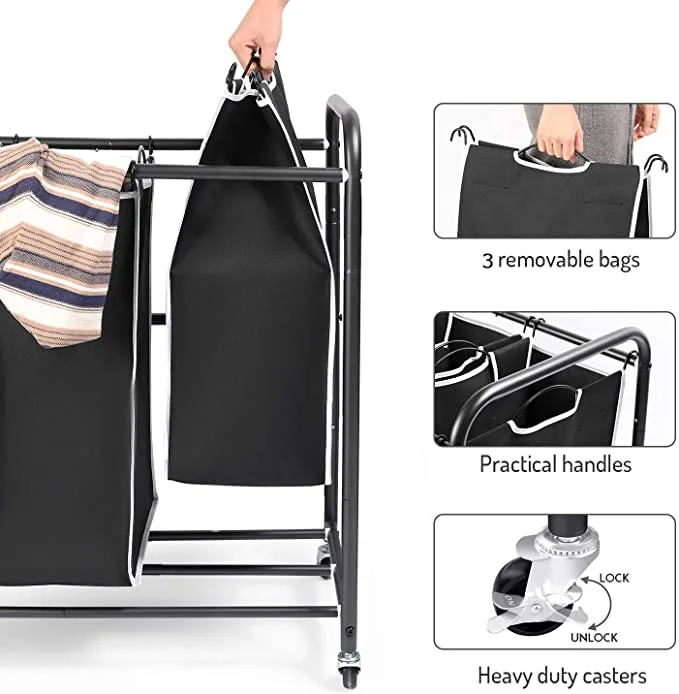 3 Bags Laundry Hamper Sorter with Rolling Heavy Duty Casters Laundry Organizer Cart for Clothes Storage