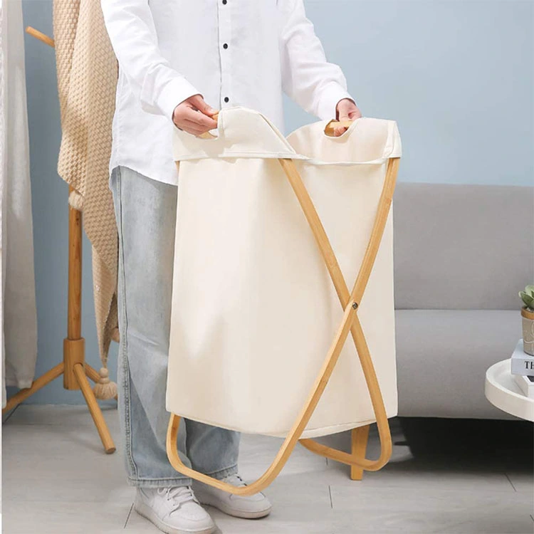 Folding Bamboo Laundry Hamper with washable Cotton Canvas Liner
