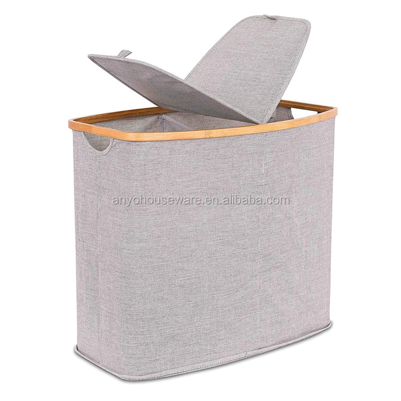 High Quality Handmade Net Grey Oxford Cloth Bamboo Laundry Basket With Cover