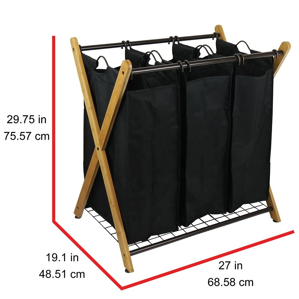X-Frame Bamboo Laundry Hamper 3 Bags Laundry Basket Sorter