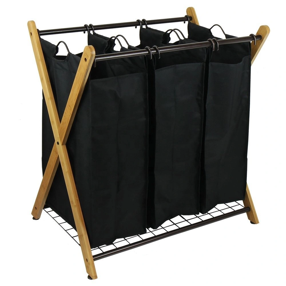 X-Frame Bamboo Laundry Hamper 3 Bags Laundry Basket Sorter