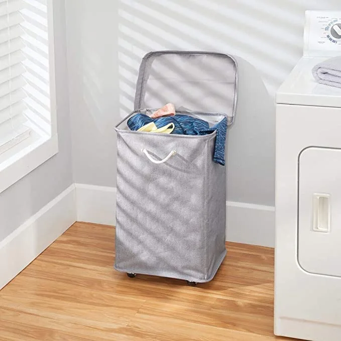 Large Capacity Portable Laundry Hamper with Wheels, Lid and Attached Rope Carrying Handles