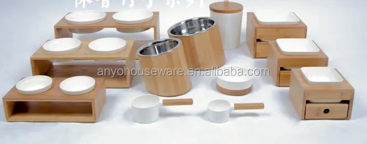 New design bamboo bowl feeder cat with storage drawer