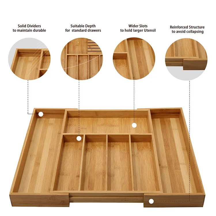 Wholesale Bamboo Utensil Cutlery Tray Scalable Drawer Organizer