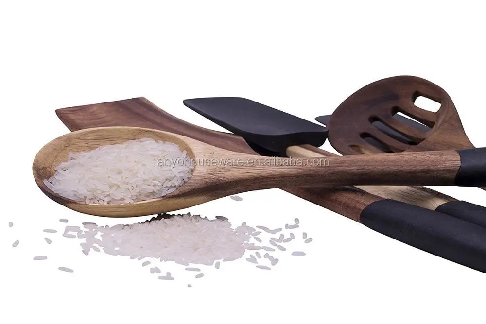 5 Piece Acacia Wooden Spoon, Spatula and Turner Utensil Set with Non-Slip Silicone Handles