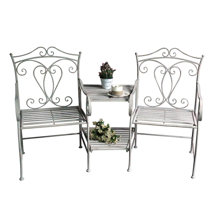 French Bistro Chair Outdoor Garden Metal Double Chair Side Center Tea Table With Umbrella Hole