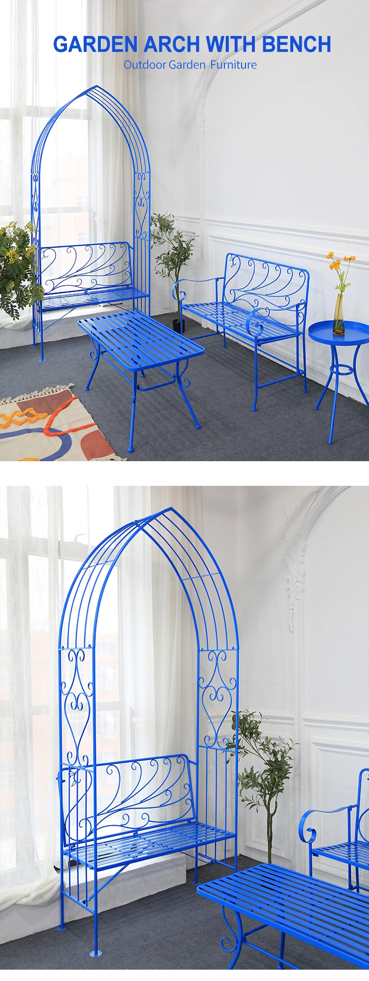 Designer Anti rust Blue Metal Garden Outdoor Arches and Bench For Sale