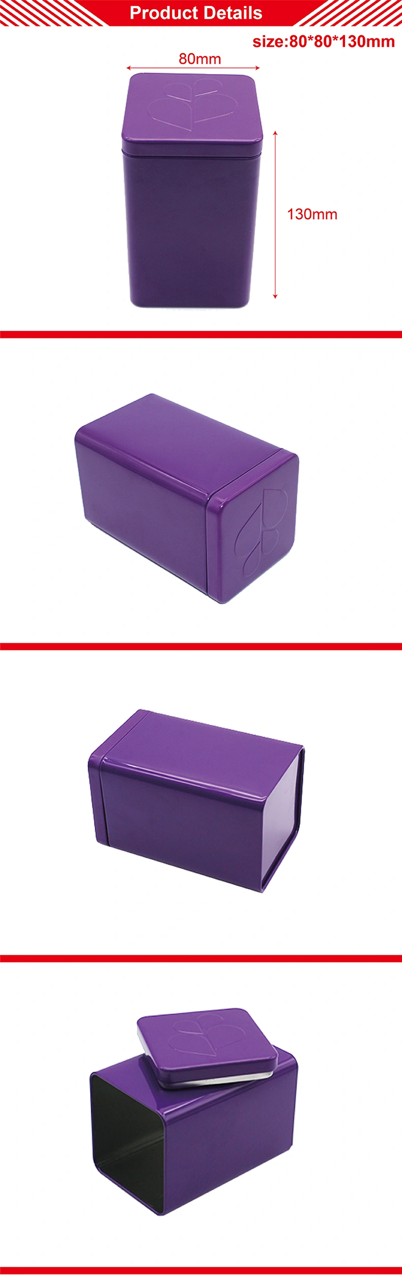 Food Grade Custom Printing Square airtight tea tin box embossed logo tins for tea tin packaging